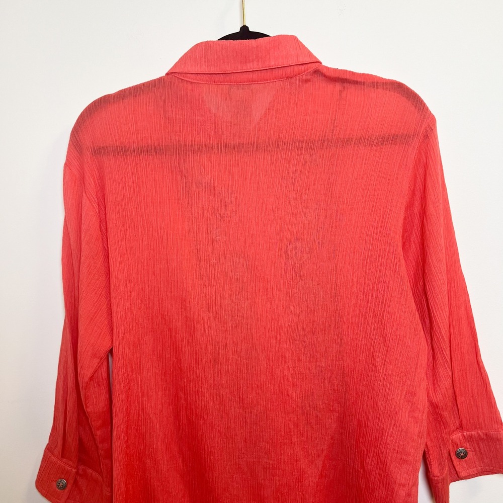 Teddi Embroidered Floral Button Down Gauzy 3/4 Sleeve Coral Top‎ Blouse - Picture 6 of 12